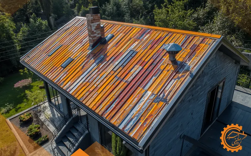 سقف شیروانی فلزی نصب‌شده بر روی ویلای مدرن در فضای سبز، با بازتاب نور و طراحی زیبا و مقاوم در برابر باران.